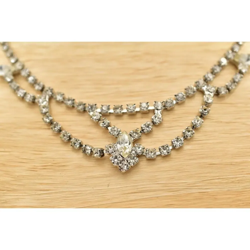 Vintage Crystal Collar Necklace Prong Rhinestone Silver Tone Shiny 1980s BinBD
